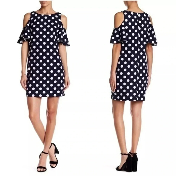 Eliza J Cold Shoulder Pinup Rockabilly Polka Dots Dress Navy Size 8 Medium M - Picture 1 of 3